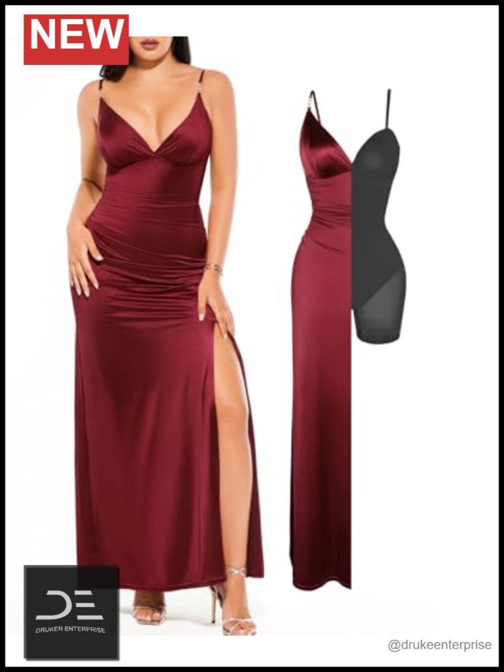 Satin Maxi Dress Formal Cocktail V-Neck Rhinestone Straps Bodycon Gown